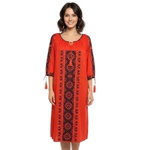 Savana Red Embroidered Tassel 3/4 Sleeve Dress Pockets Size Small NWT